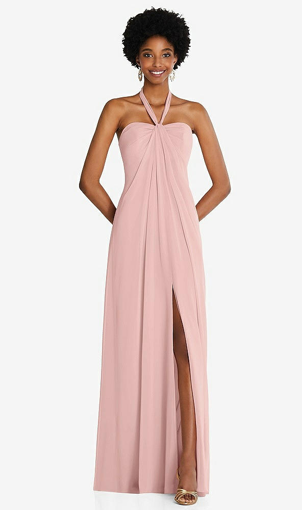 Front View - Rose - PANTONE Rose Quartz Draped Chiffon Grecian Column Gown with Convertible Straps