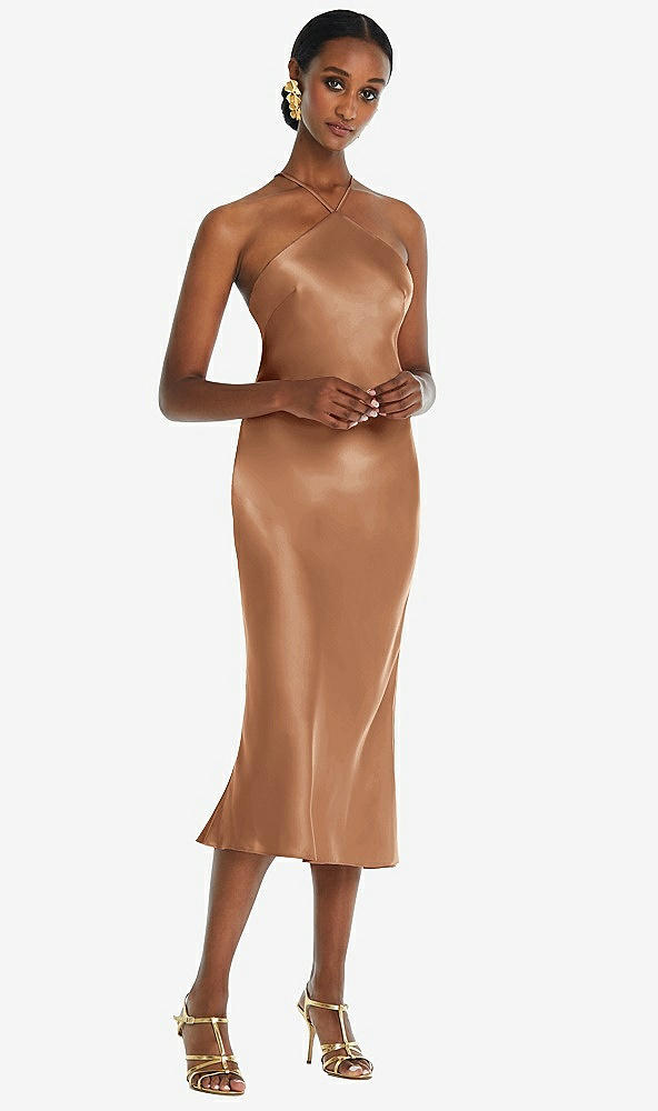 Front View - Toffee Diamond Halter Bias Midi Slip Dress with Convertible Straps