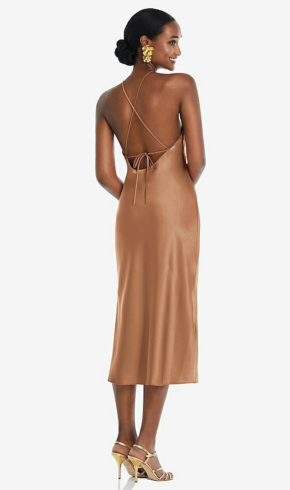 Back View - Toffee Diamond Halter Bias Midi Slip Dress with Convertible Straps