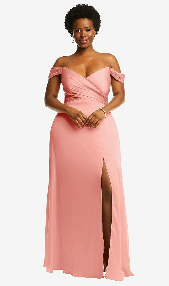 Front View - Rose - PANTONE Rose Quartz Off-the-Shoulder Flounce Sleeve Empire Waist Gown with Front Slit