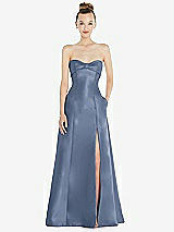 Front View Thumbnail - Larkspur Blue Bow Cuff Strapless Satin Ball Gown with Pockets