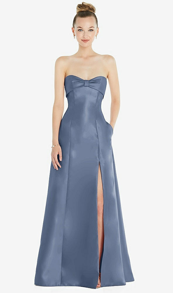 Front View - Larkspur Blue Bow Cuff Strapless Satin Ball Gown with Pockets