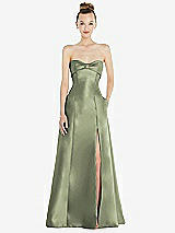 Front View Thumbnail - Sage Bow Cuff Strapless Satin Ball Gown with Pockets