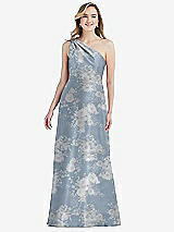 Front View Thumbnail - Porcelain Blue Seraphina Floral Pleated Draped One-Shoulder Floral Satin Gown with Pockets