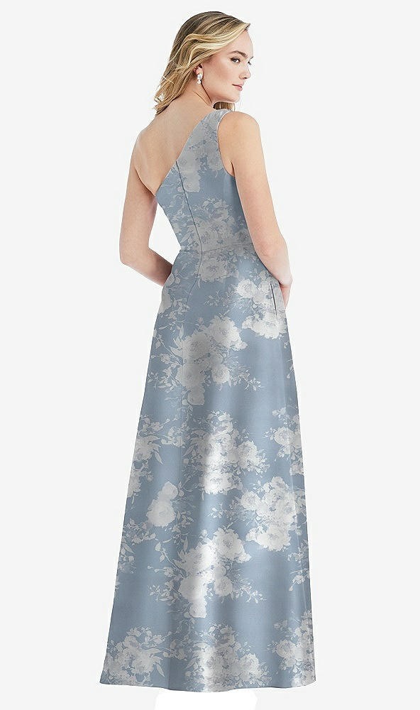 Back View - Porcelain Blue Seraphina Floral Pleated Draped One-Shoulder Floral Satin Gown with Pockets