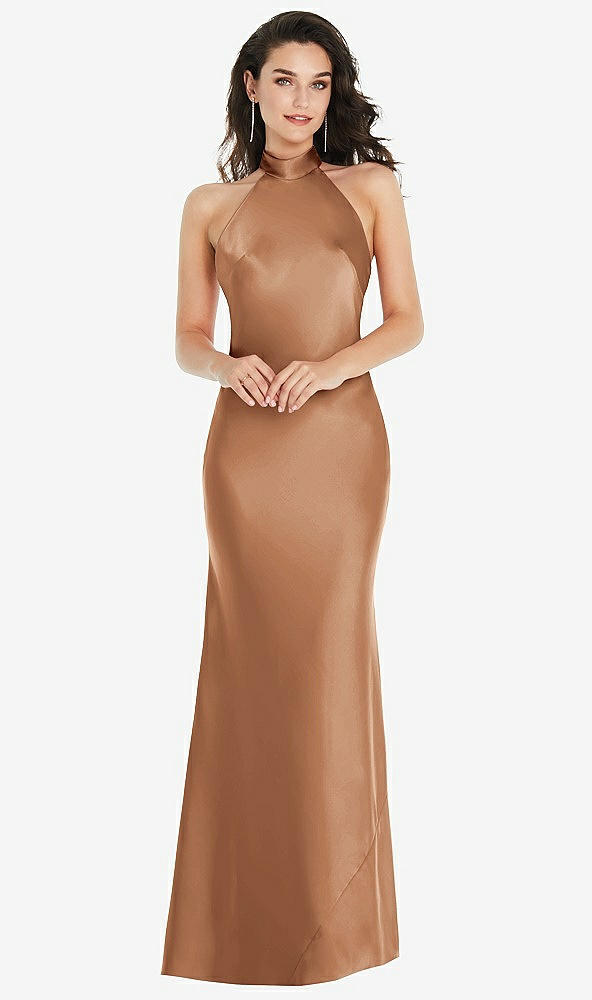 Front View - Toffee Scarf Tie High-Neck Halter Maxi Slip Dress