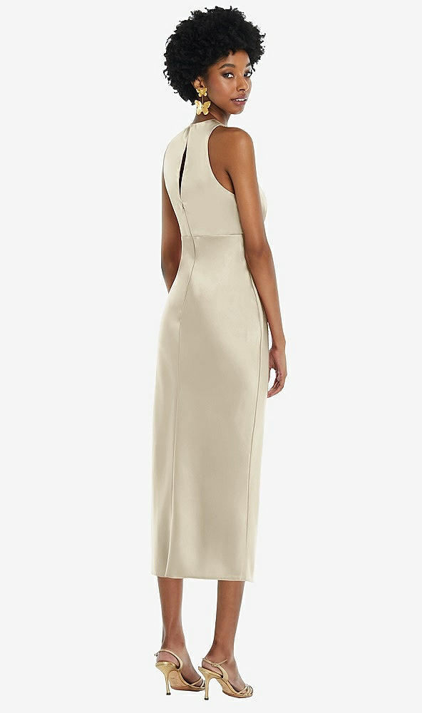 Back View - Champagne Jewel Neck Sleeveless Midi Dress with Bias Skirt