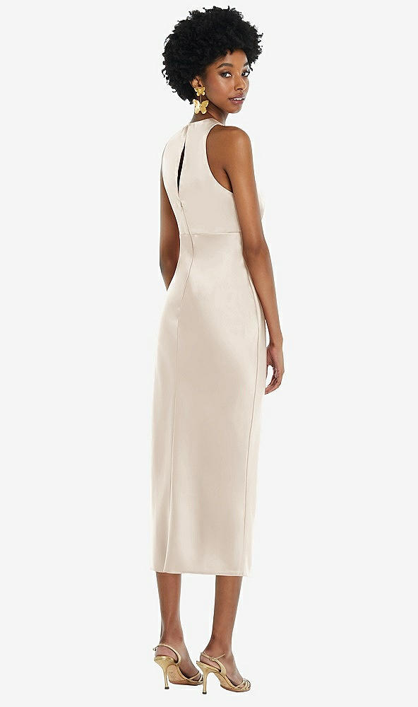 Back View - Oat Jewel Neck Sleeveless Midi Dress with Bias Skirt