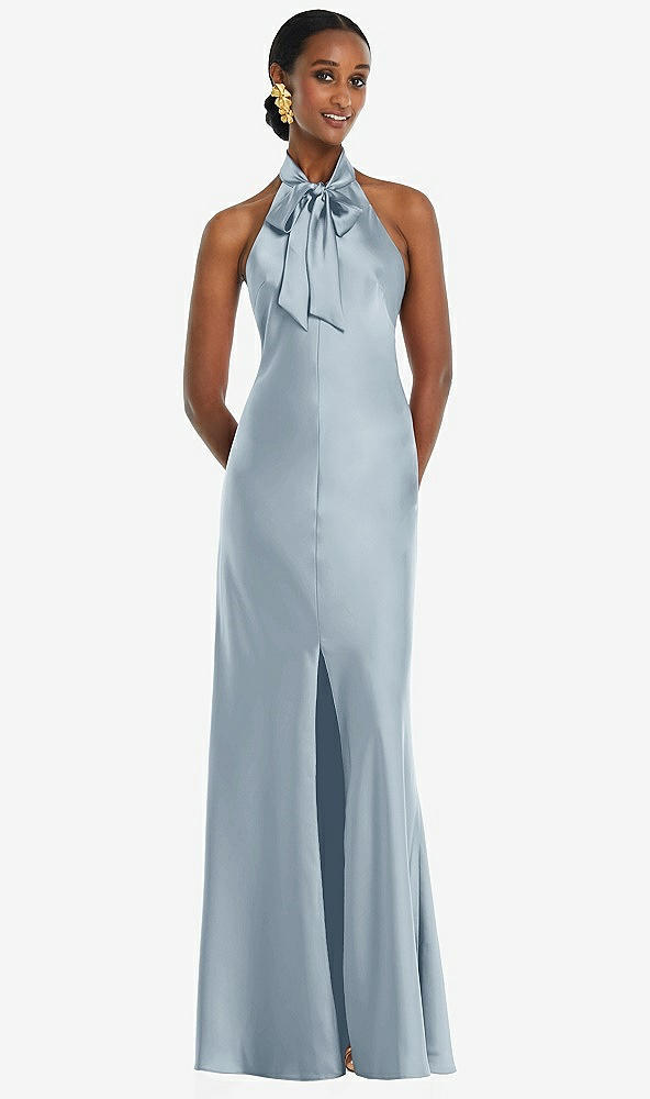 Front View - Mist Scarf Tie Stand Collar Maxi Dress with Front Slit