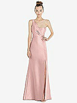 Front View Thumbnail - Rose - PANTONE Rose Quartz Draped One-Shoulder Satin Trumpet Gown with Front Slit