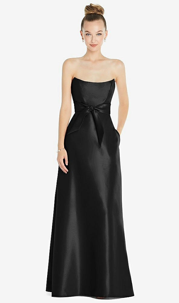 Front View - Black Basque-Neck Strapless Satin Gown with Mini Sash