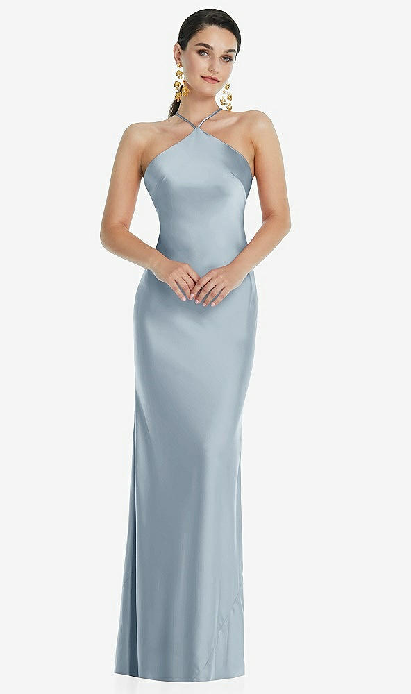 Front View - Mist Diamond Halter Bias Maxi Slip Dress with Convertible Straps