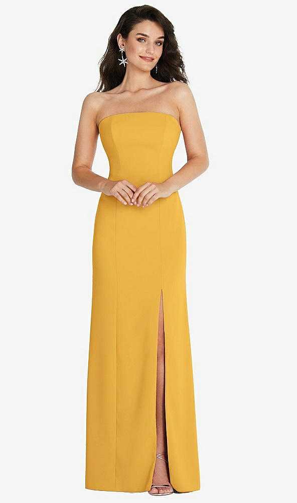 Front View - NYC Yellow Strapless Scoop Back Maxi Dress with Front Slit