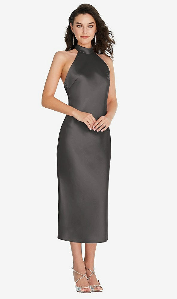 Front View - Caviar Gray Scarf Tie High-Neck Halter Midi Slip Dress