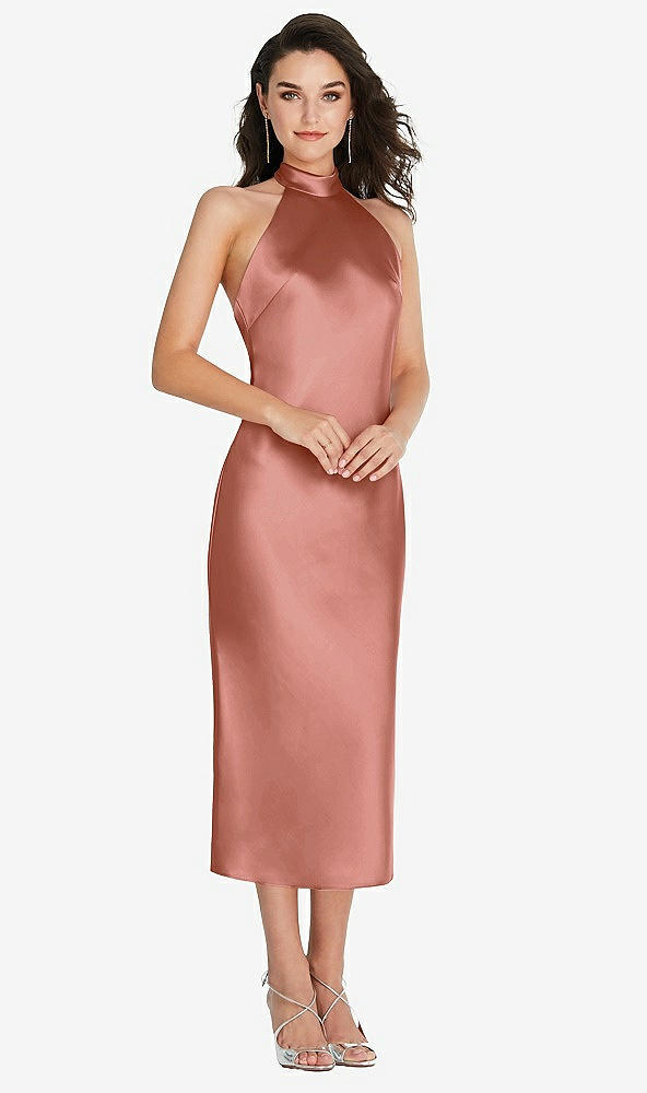 Front View - Desert Rose Scarf Tie High-Neck Halter Midi Slip Dress