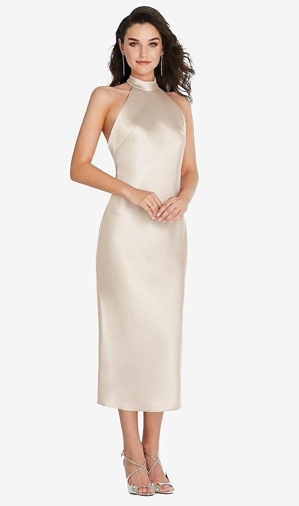 Front View - Oat Scarf Tie High-Neck Halter Midi Slip Dress