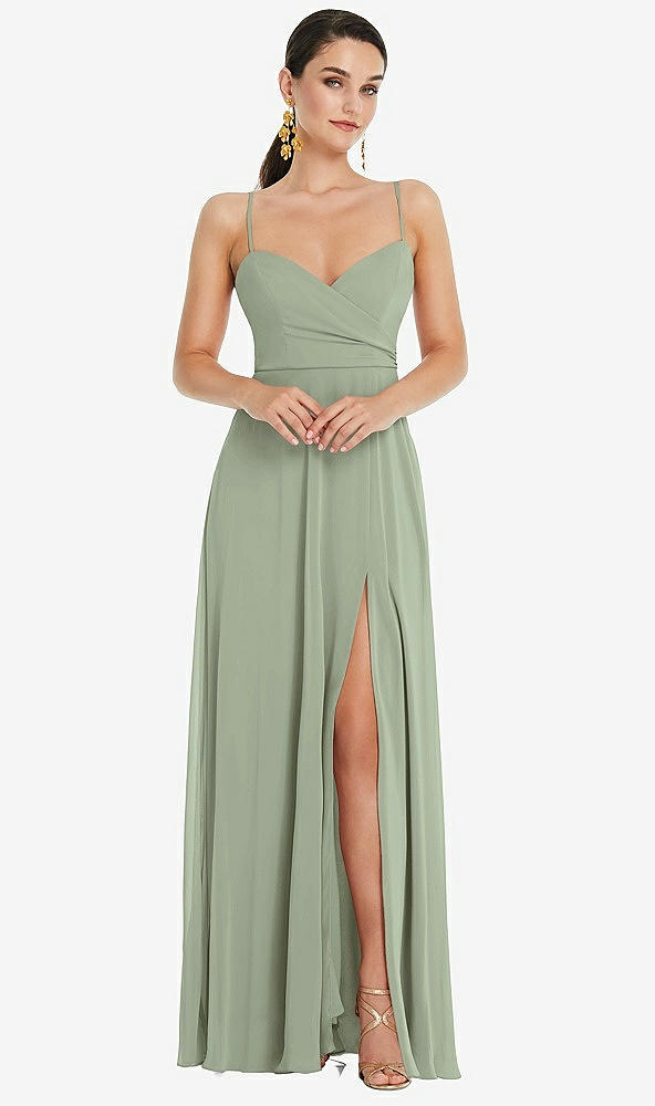 Front View - Sage Adjustable Strap Wrap Bodice Maxi Dress with Front Slit 