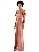 Side View Thumbnail - Desert Rose Straight-Neck Ruffled Off-the-Shoulder Satin Maxi Dress