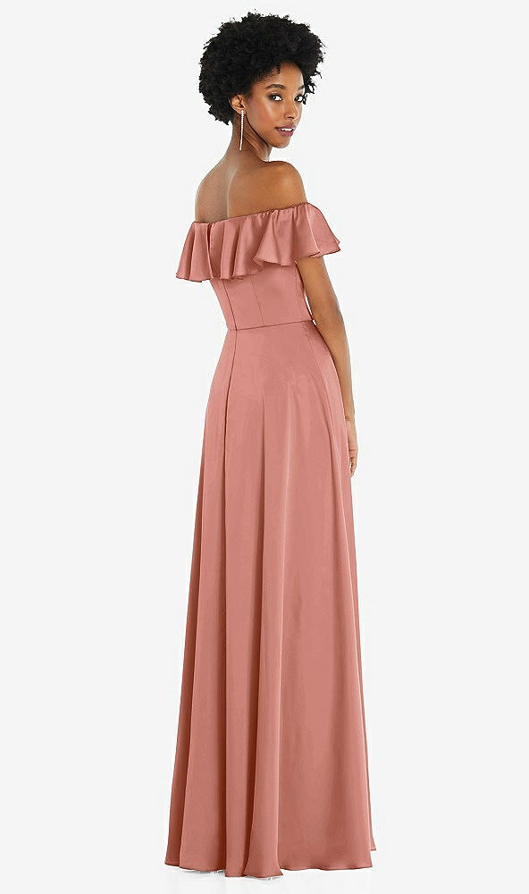 Back View - Desert Rose Straight-Neck Ruffled Off-the-Shoulder Satin Maxi Dress