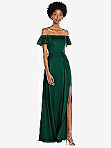 Front View Thumbnail - Hunter Green Straight-Neck Ruffled Off-the-Shoulder Satin Maxi Dress