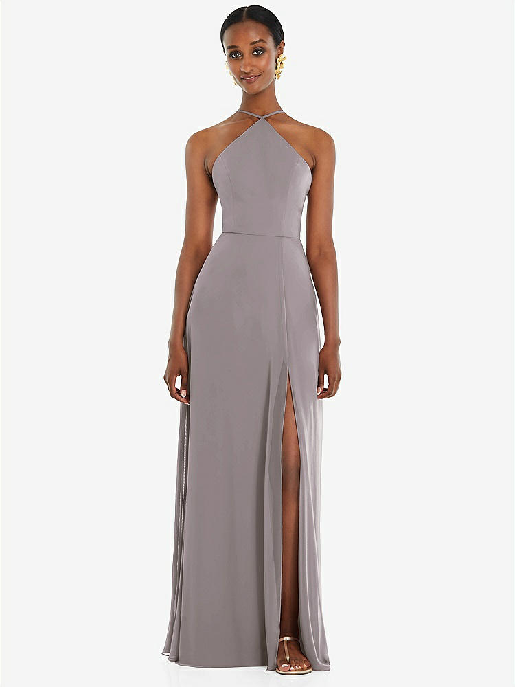 High Neck Chiffon Maxi Bridesmaid Dress With Front Slit Lela In Cashmere Gray The Dessy Group