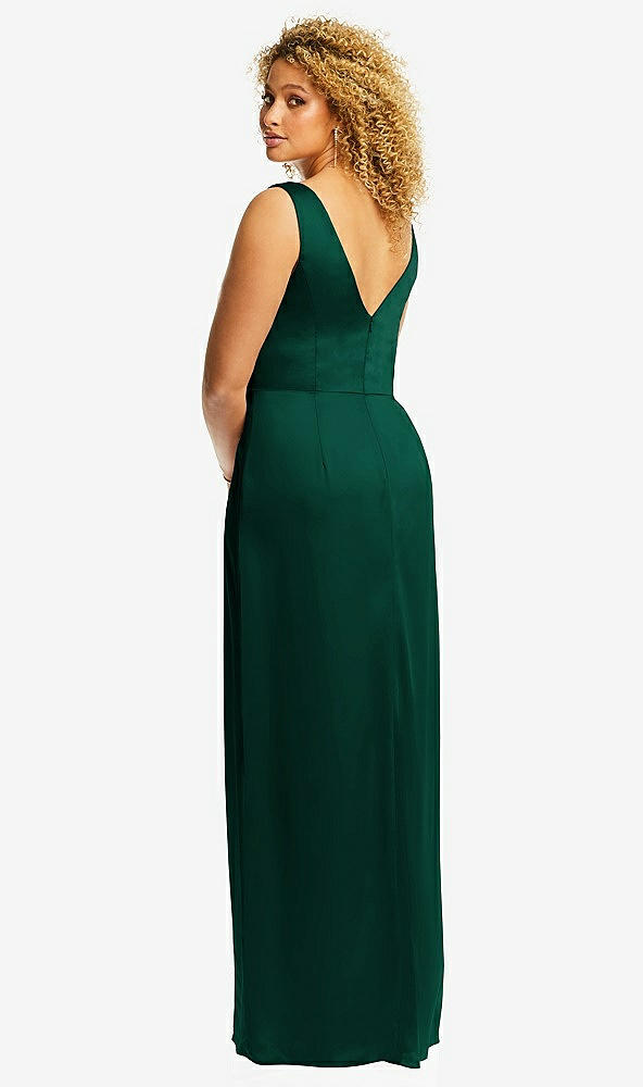 Back View - Hunter Green Faux Wrap Whisper Satin Maxi Dress with Draped Tulip Skirt