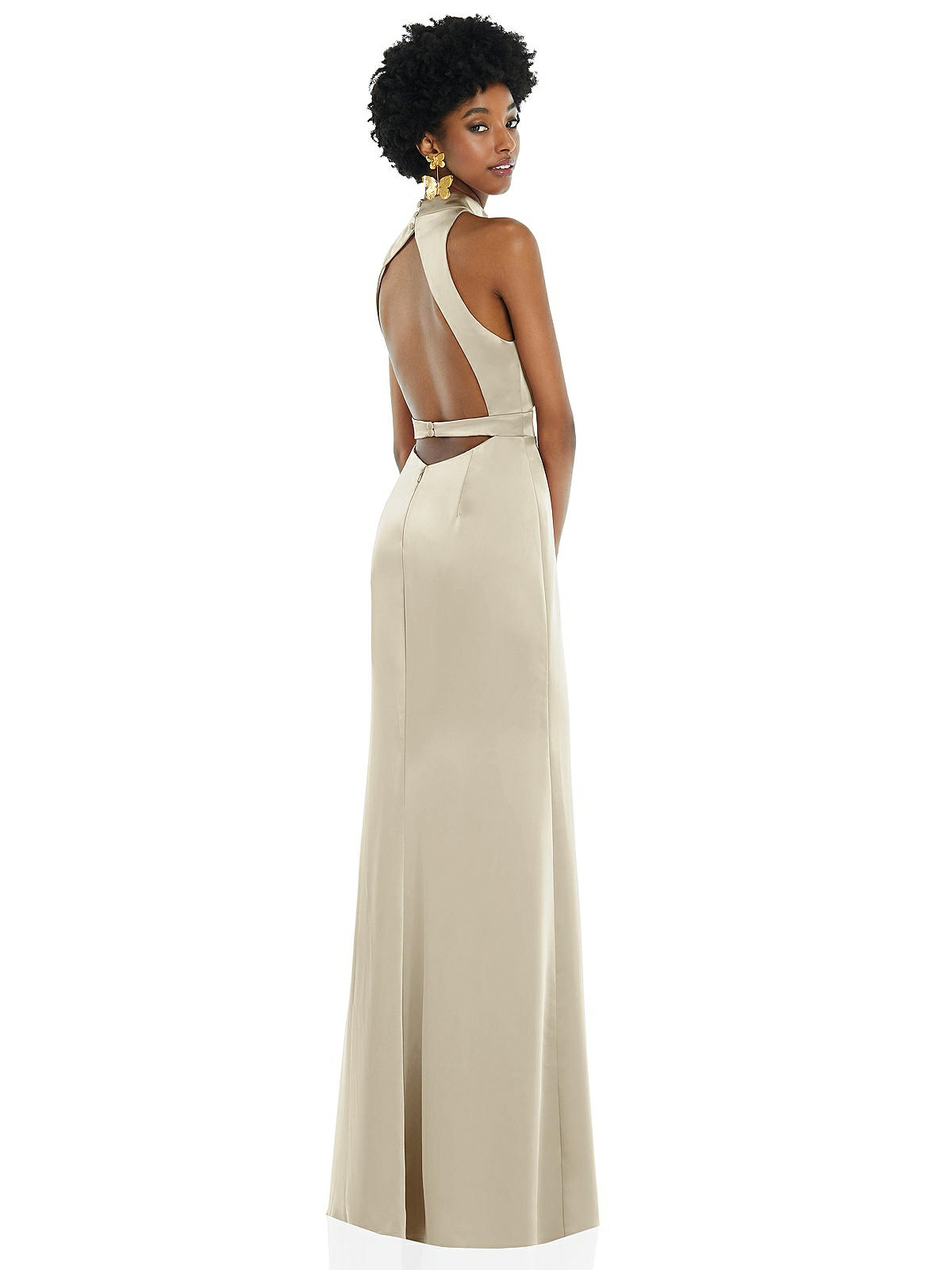 High Neck Backless Maxi Bridesmaid Dress With Slim Belt In Champagne The Dessy Group