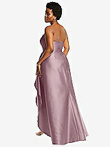 Rear View Thumbnail - Dusty Rose Strapless Satin Gown with Draped Front Slit and Pockets