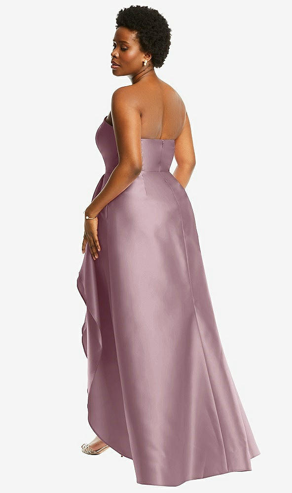 Back View - Dusty Rose Strapless Satin Gown with Draped Front Slit and Pockets