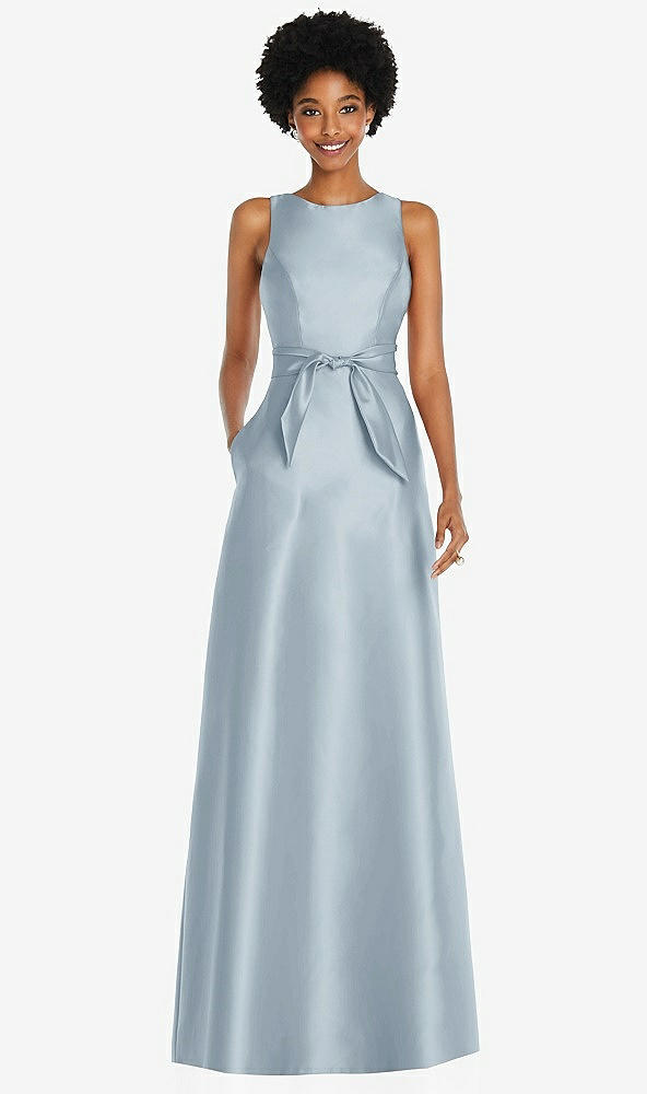 Front View - Mist Jewel-Neck V-Back Maxi Dress with Mini Sash