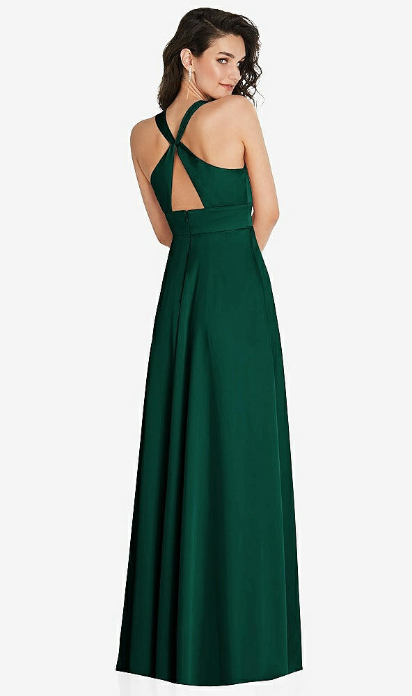 Back View - Hunter Green Shirred Shoulder Criss Cross Back Maxi Dress with Front Slit