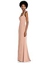 Side View Thumbnail - Pale Peach Tie Halter Open Back Trumpet Gown 