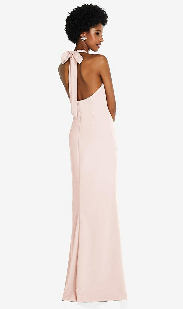 Back View - Blush Tie Halter Open Back Trumpet Gown 