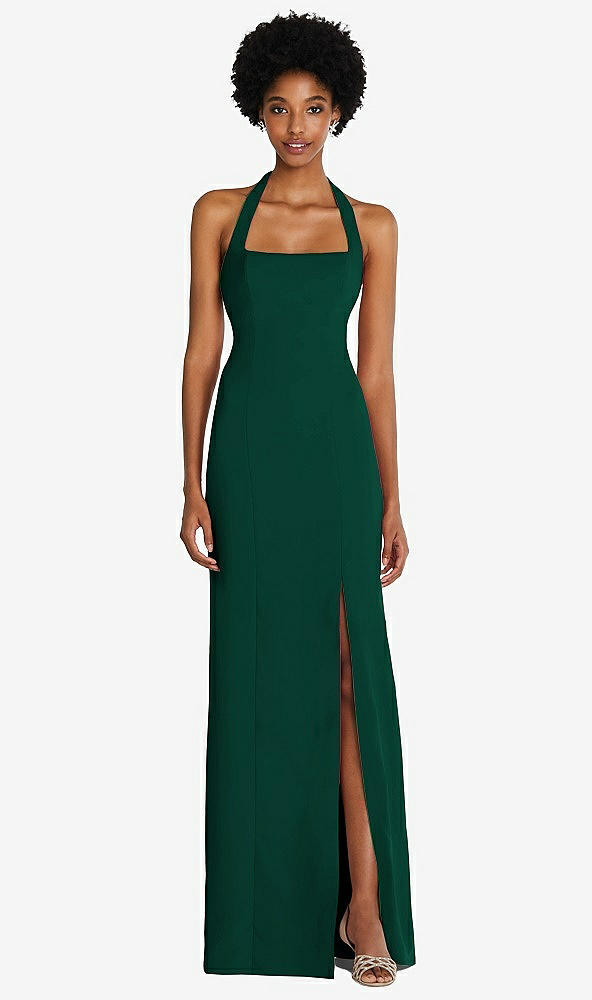 Front View - Hunter Green Tie Halter Open Back Trumpet Gown 