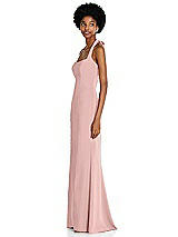 Side View Thumbnail - Rose - PANTONE Rose Quartz Tie Halter Open Back Trumpet Gown 