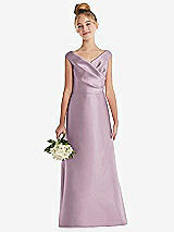 Front View Thumbnail - Suede Rose Off-the-Shoulder Draped Wrap Satin Junior Bridesmaid Dress