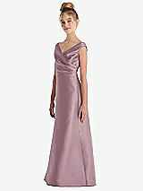 Side View Thumbnail - Dusty Rose Off-the-Shoulder Draped Wrap Satin Junior Bridesmaid Dress