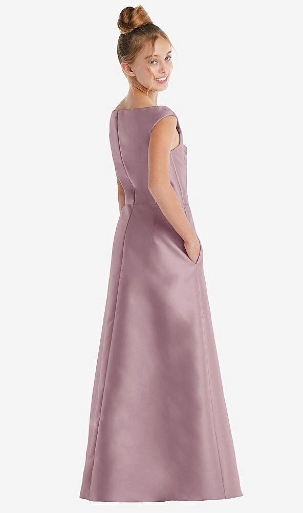 Back View - Dusty Rose Off-the-Shoulder Draped Wrap Satin Junior Bridesmaid Dress