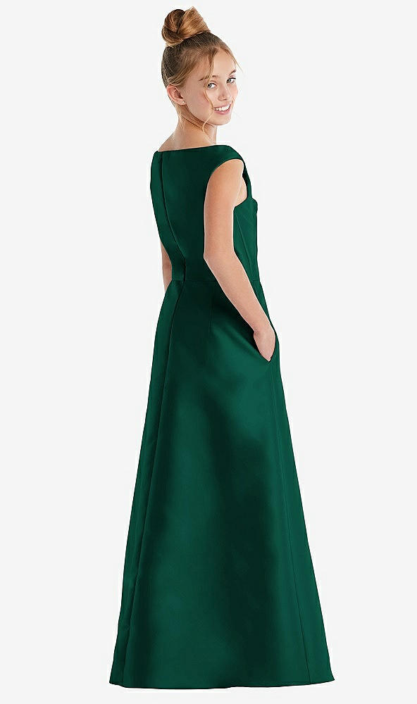 Back View - Hunter Green Off-the-Shoulder Draped Wrap Satin Junior Bridesmaid Dress