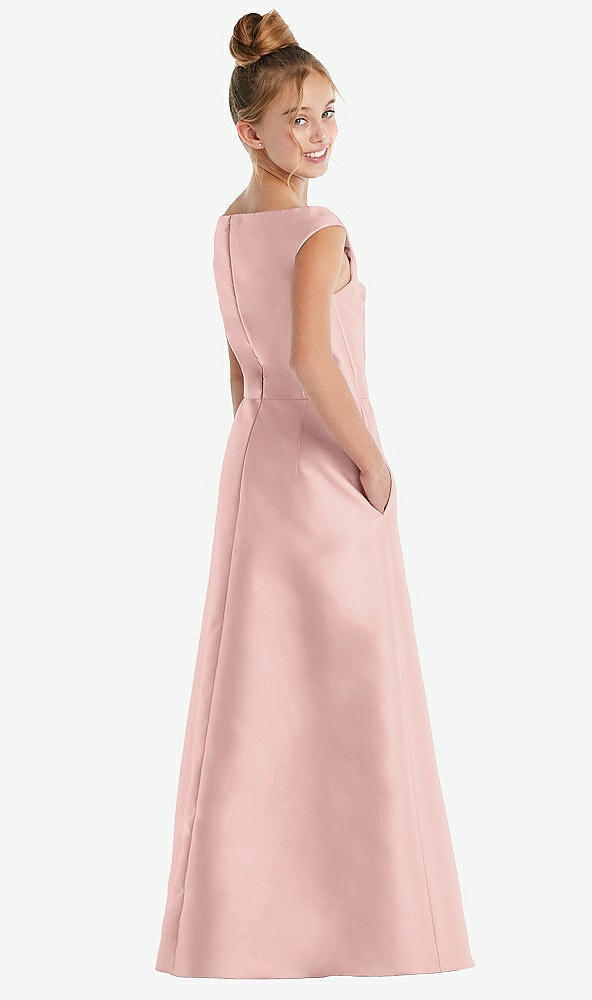 Back View - Rose - PANTONE Rose Quartz Off-the-Shoulder Draped Wrap Satin Junior Bridesmaid Dress