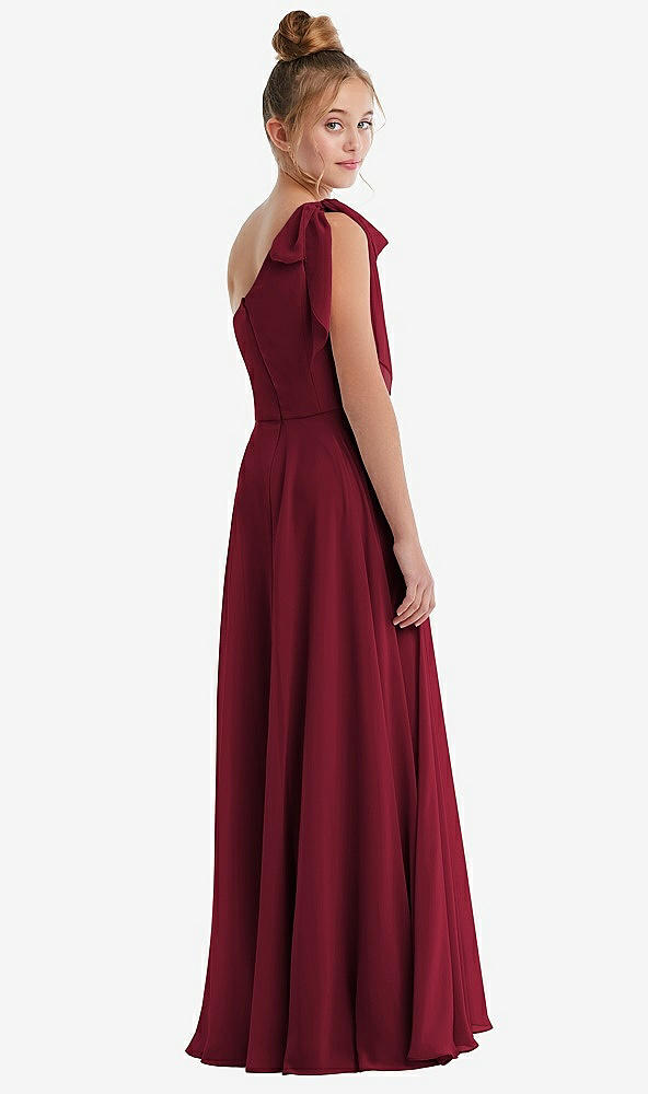 Back View - Burgundy One-Shoulder Scarf Bow Chiffon Junior Bridesmaid Dress