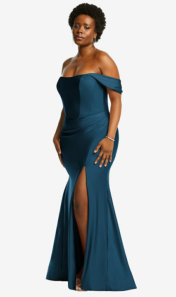 Back View - Atlantic Blue Off-the-Shoulder Corset Stretch Satin Mermaid Dress with Slight Train