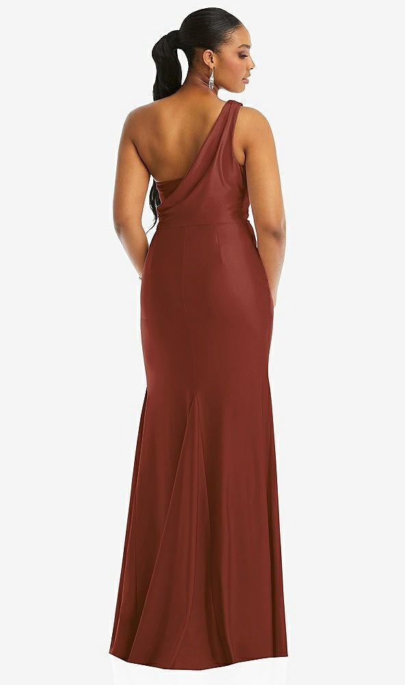 Back View - Auburn Moon One-Shoulder Asymmetrical Cowl Back Stretch Satin Mermaid Dress