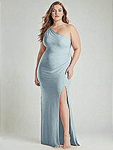 Alt View 1 Thumbnail - Mist One-Shoulder Asymmetrical Cowl Back Stretch Satin Mermaid Dress