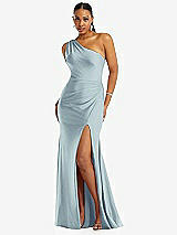 Front View Thumbnail - Mist One-Shoulder Asymmetrical Cowl Back Stretch Satin Mermaid Dress