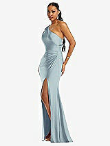 Side View Thumbnail - Mist One-Shoulder Asymmetrical Cowl Back Stretch Satin Mermaid Dress