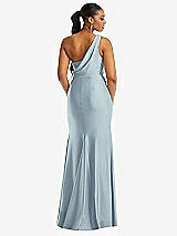 Rear View Thumbnail - Mist One-Shoulder Asymmetrical Cowl Back Stretch Satin Mermaid Dress