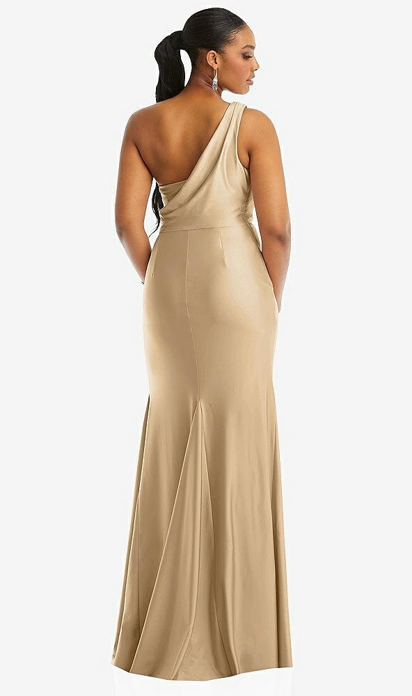 Back View - Soft Gold One-Shoulder Asymmetrical Cowl Back Stretch Satin Mermaid Dress