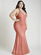 Alt View 2 Thumbnail - Desert Rose Plunge Neckline Cutout Low Back Stretch Satin Mermaid Dress