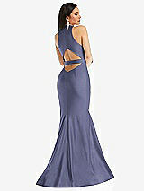 Rear View Thumbnail - French Blue Plunge Neckline Cutout Low Back Stretch Satin Mermaid Dress